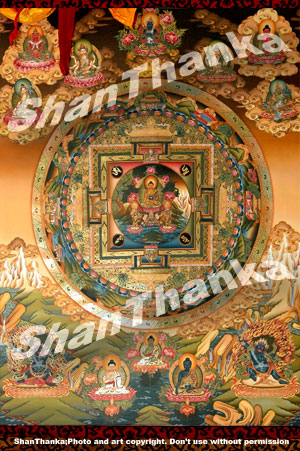 Mandala met Boeddha in het midden. Klik op dit plaatje om een grote afbeelding te zien...